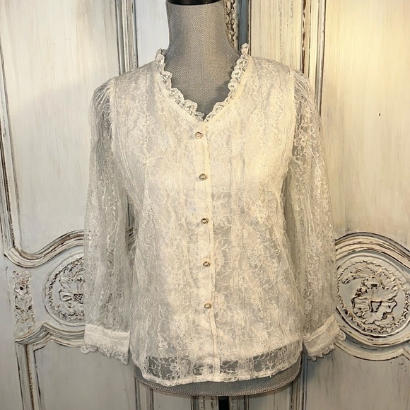 VINTAGE Victorian Edwardian Cottage Ruffle Lace Long Sleeve Blouse - Picture 1 of 11